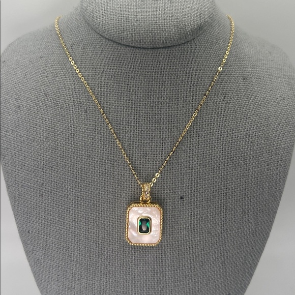 Jewelry - 092. 18k Gold Plated Necklace with Emerald Stone and Mother of Pearl 16”-17 1/2”